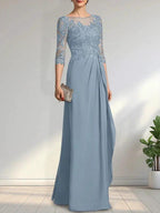 A-line Scoop Illusion Floor-Length Chiffon Lace Mother of the Bride Dress With Beading Sequins Cascading Ruffles by Dreamylily