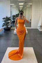 Long Mermaid Strapless Sleeveless Satin Prom Dress with Slit by BIZTUNNEL
