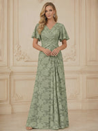 A Line V Neck Short Sleeve Floral Chiffon Ruched Mother of the Bride Dresses (SHI22500248)