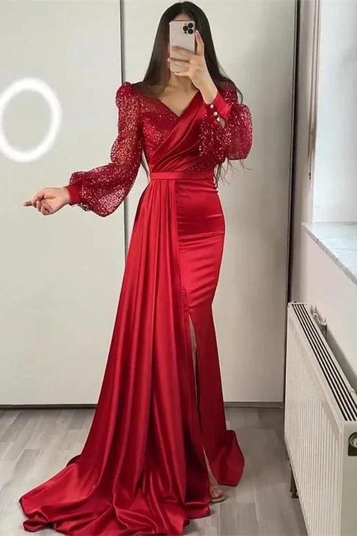 Long Sleeves V-neck Satin Mermaid Prom Dresses with Split by BIZTUNNEL