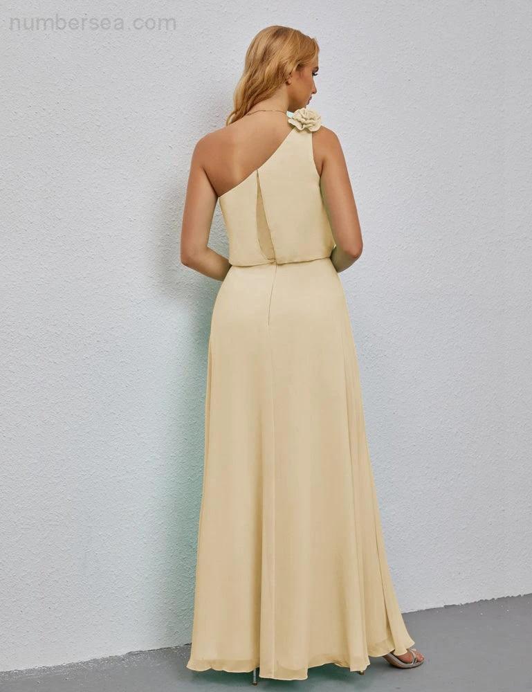 Ruffled One Shoulder Sleeveless Long Bridesmaid Dresses A-line Formal Evening Gown Side Split 28080 by numbersea