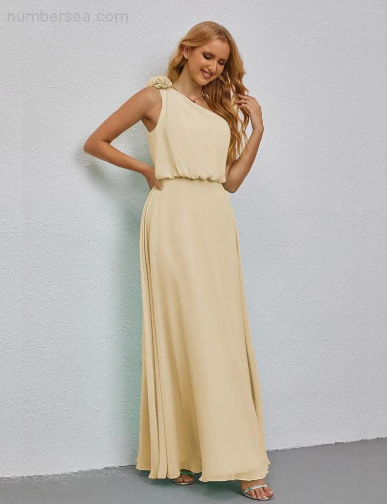 Ruffled One Shoulder Sleeveless Long Bridesmaid Dresses A-line Formal Evening Gown Side Split 28080 by numbersea