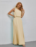 Ruffled One Shoulder Sleeveless Long Bridesmaid Dresses A-line Formal Evening Gown Side Split 28080 by numbersea