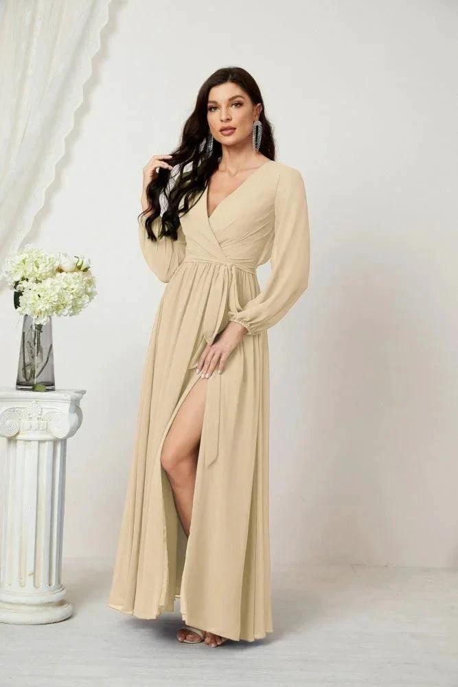Sunnderly Evening Dresses Deep V-Neck Chiffon Bridesmaid Dresses Long Bishop Sleeve Side Split Formal Dress SY2806 by numbersea