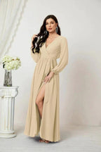 Sunnderly Evening Dresses Deep V-Neck Chiffon Bridesmaid Dresses Long Bishop Sleeve Side Split Formal Dress SY2806 by numbersea
