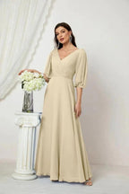 Numbersea Formal Prom Gown Women V-Neck Chiffon Bridesmaid Dresses Long Bishop Sleeve Party Dress 2807 by numbersea