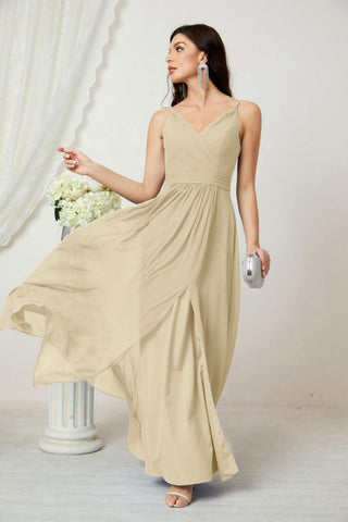 Numbersea Chiffon V-Neck Bridesmaid Dress Spaghetti Strap Long Formal Party Prom Gowns with Slit 28010