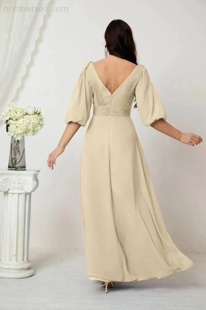 Numbersea Formal Prom Gown Women V-Neck Chiffon Bridesmaid Dresses Long Bishop Sleeve Party Dress 2807 by numbersea