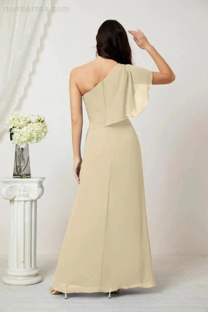 Numbersea Chiffon Ruffled One Shoulder Long Bridesmaid Dresses A-line Formal Evening Gown Side Split 2809 by numbersea
