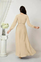Sunnderly Evening Dresses Deep V-Neck Chiffon Bridesmaid Dresses Long Bishop Sleeve Side Split Formal Dress SY2806 by numbersea