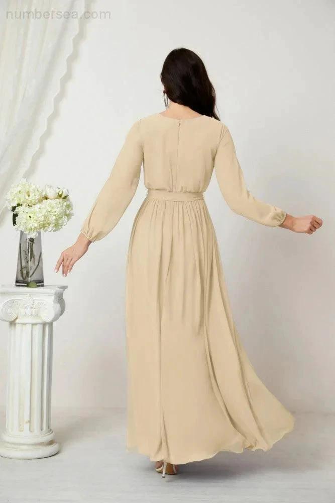 Sunnderly Evening Dresses Deep V-Neck Chiffon Bridesmaid Dresses Long Bishop Sleeve Side Split Formal Dress SY2806 by numbersea