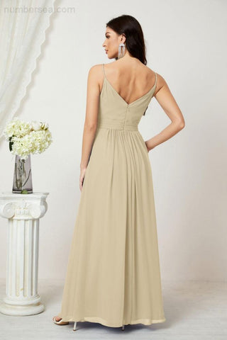Numbersea Chiffon V-Neck Bridesmaid Dress Spaghetti Strap Long Formal Party Prom Gowns with Slit 28010