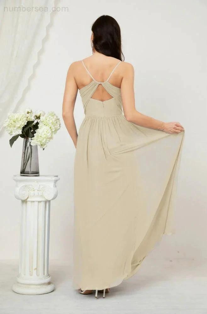 Numbersea Neck Bridesmaid Dresses Chiffon Long Spaghetti A-line Formal Prom Gown for Wedding Party Evening 2801 by numbersea