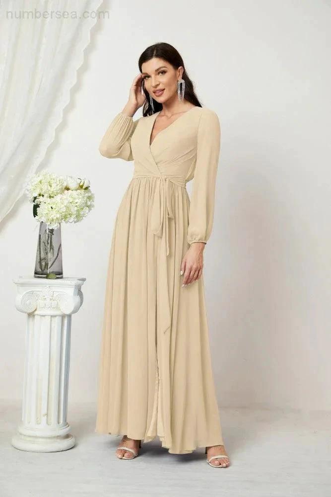 Sunnderly Evening Dresses Deep V-Neck Chiffon Bridesmaid Dresses Long Bishop Sleeve Side Split Formal Dress SY2806 by numbersea