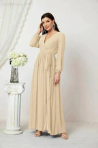 Sunnderly Evening Dresses Deep V-Neck Chiffon Bridesmaid Dresses Long Bishop Sleeve Side Split Formal Dress SY2806 by numbersea
