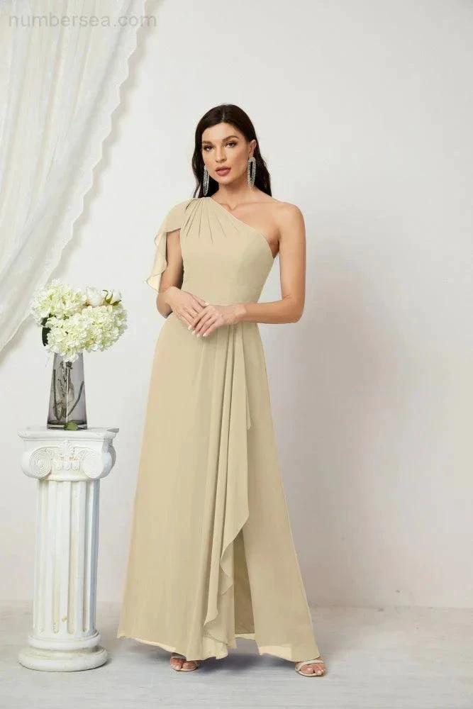 Numbersea Chiffon Ruffled One Shoulder Long Bridesmaid Dresses A-line Formal Evening Gown Side Split 2809 by numbersea
