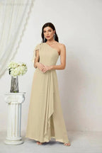 Numbersea Chiffon Ruffled One Shoulder Long Bridesmaid Dresses A-line Formal Evening Gown Side Split 2809 by numbersea