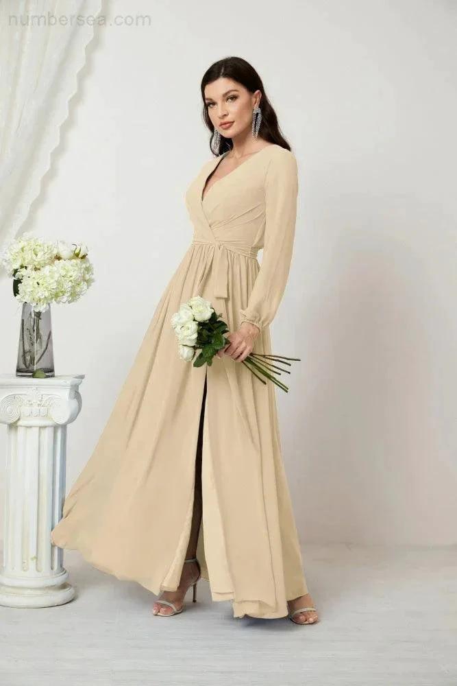 Sunnderly Evening Dresses Deep V-Neck Chiffon Bridesmaid Dresses Long Bishop Sleeve Side Split Formal Dress SY2806 by numbersea