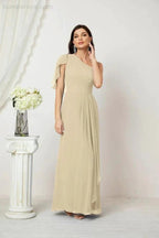Numbersea Chiffon Ruffled One Shoulder Long Bridesmaid Dresses A-line Formal Evening Gown Side Split 2809 by numbersea