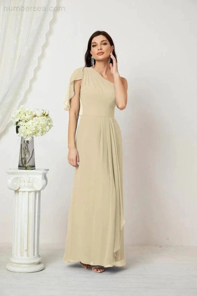 Numbersea Chiffon Ruffled One Shoulder Long Bridesmaid Dresses A-line Formal Evening Gown Side Split 2809 by numbersea
