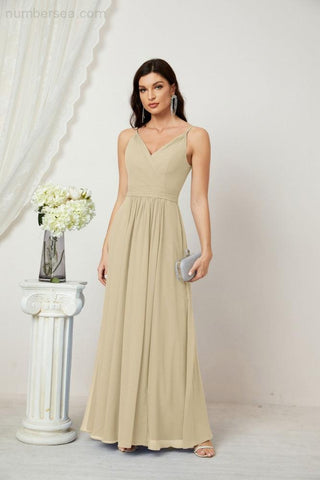 Numbersea Chiffon V-Neck Bridesmaid Dress Spaghetti Strap Long Formal Party Prom Gowns with Slit 28010