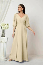 Numbersea Formal Prom Gown Women V-Neck Chiffon Bridesmaid Dresses Long Bishop Sleeve Party Dress 2807 by numbersea