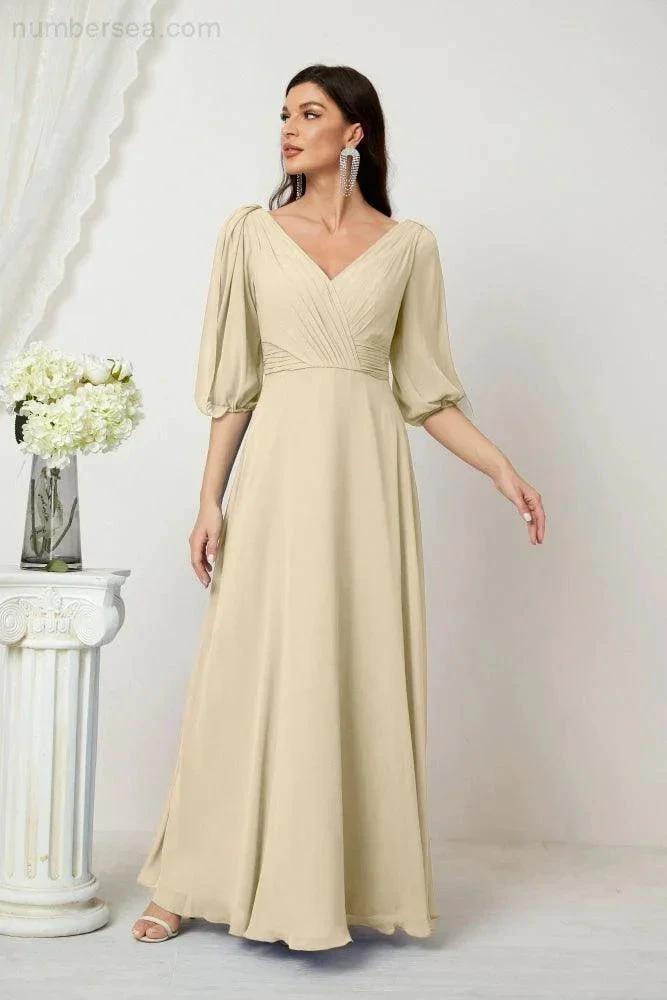 Numbersea Formal Prom Gown Women V-Neck Chiffon Bridesmaid Dresses Long Bishop Sleeve Party Dress 2807 by numbersea