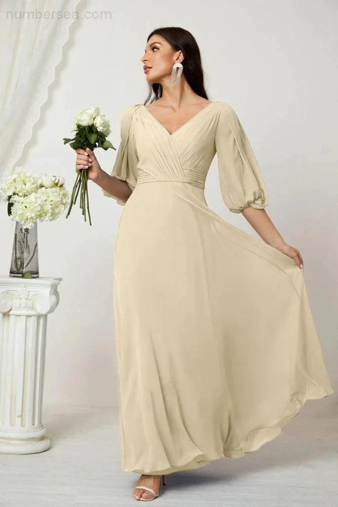 Numbersea Formal Prom Gown Women V-Neck Chiffon Bridesmaid Dresses Long Bishop Sleeve Party Dress 2807 by numbersea