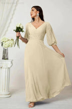 Numbersea Formal Prom Gown Women V-Neck Chiffon Bridesmaid Dresses Long Bishop Sleeve Party Dress 2807 by numbersea