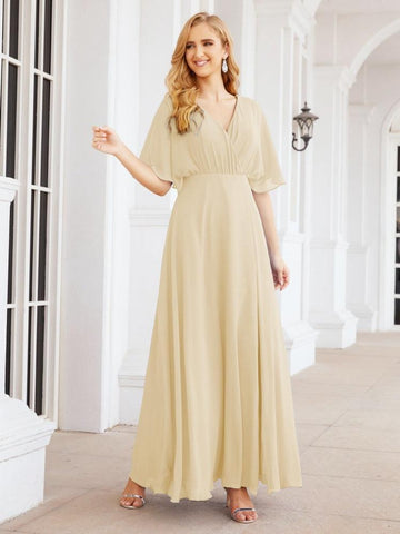 Numbersea V-Neck Bridesmaid Dress Chiffon Long Open Back Formal Dresses for Women Party Evening 28067