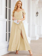 Numbersea Off The Shoulder Chiffon Bridesmaid Dress Long Formal Graduation Gown with Cowl Back 28069 by numbersea