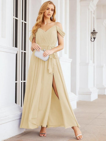 Numbersea Off The Shoulder Chiffon Bridesmaid Dress Long Formal Graduation Gown with Cowl Back 28069