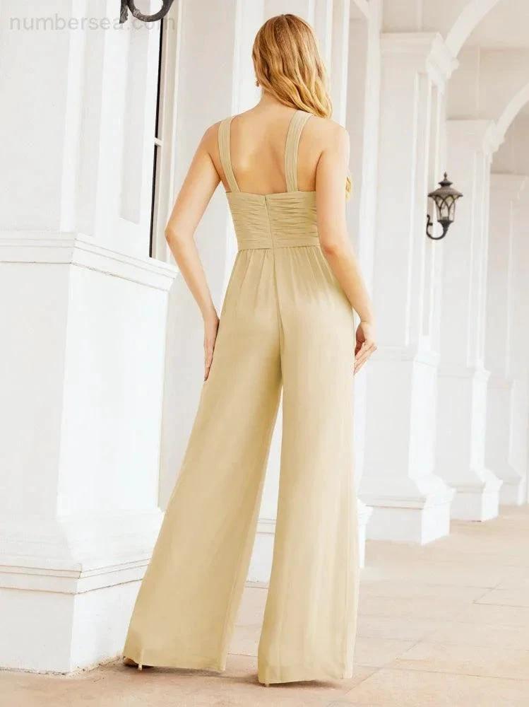 Numbersea Crisscross Neck Jumpsuit Formal Evening Dress Long Bridesmaid Dresses Bell-bottomed Pants 28033 by numbersea