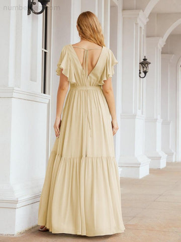 Numbersea Women's Open Back Formal Evening Party Prom Gowns V-Neck Long Chiffon Bridesmaid Dresses with Waist Belt 28038