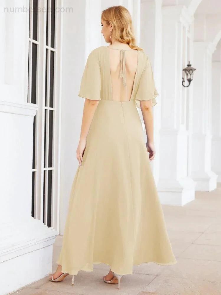 Numbersea V-Neck Bridesmaid Dress Chiffon Long Open Back Formal Dresses for Women Party Evening 28067 by numbersea
