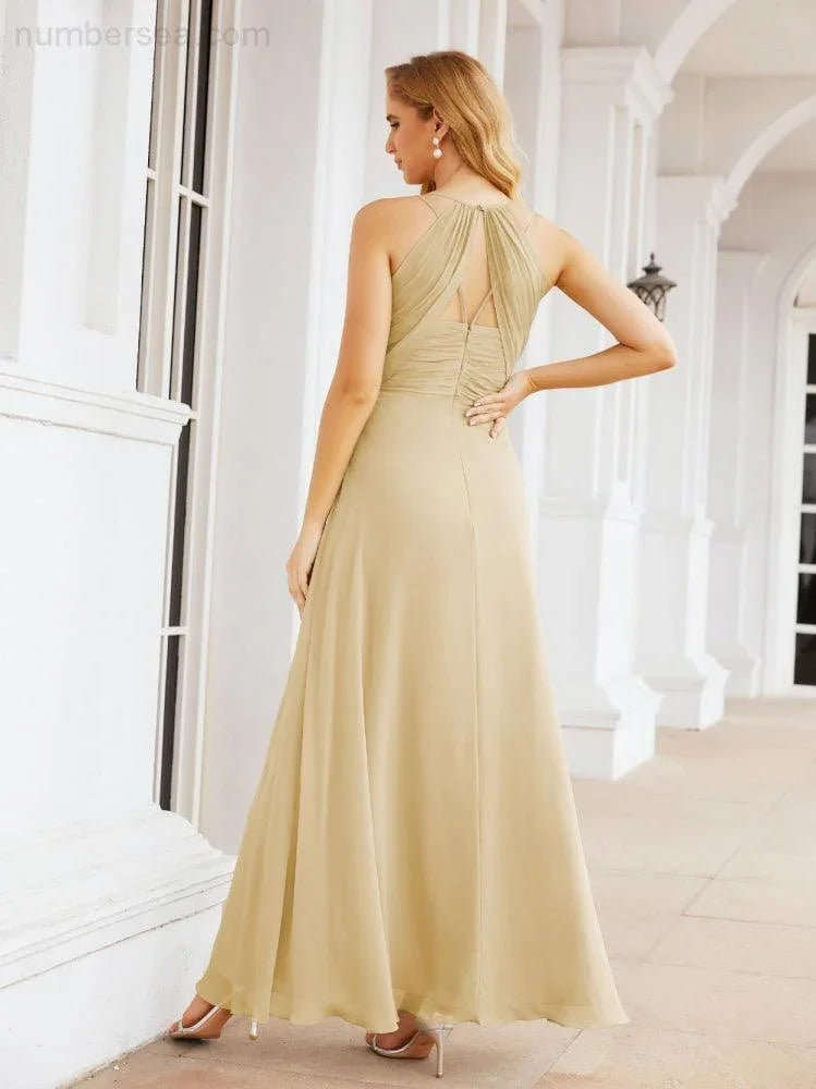 Vestidos de Damas de Honra Numbersea com Alças Duplas de Espaguete para Mulher Vestido Longo Formal para Festa com Fenda Lateral 28051