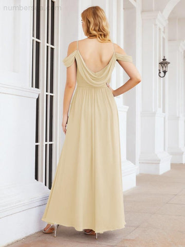 Numbersea Off The Shoulder Chiffon Bridesmaid Dress Long Formal Graduation Gown with Cowl Back 28069