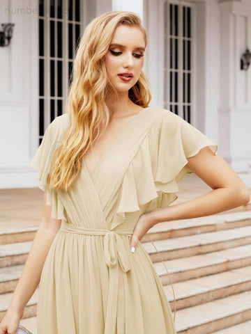 Numbersea Women's Open Back Formal Evening Party Prom Gowns V-Neck Long Chiffon Bridesmaid Dresses with Waist Belt 28038