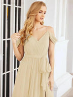 Numbersea Off The Shoulder Chiffon Bridesmaid Dress Long Formal Graduation Gown with Cowl Back 28069 by numbersea