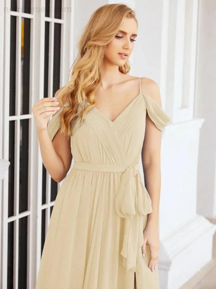Numbersea Off The Shoulder Chiffon Bridesmaid Dress Long Formal Graduation Gown with Cowl Back 28069 by numbersea