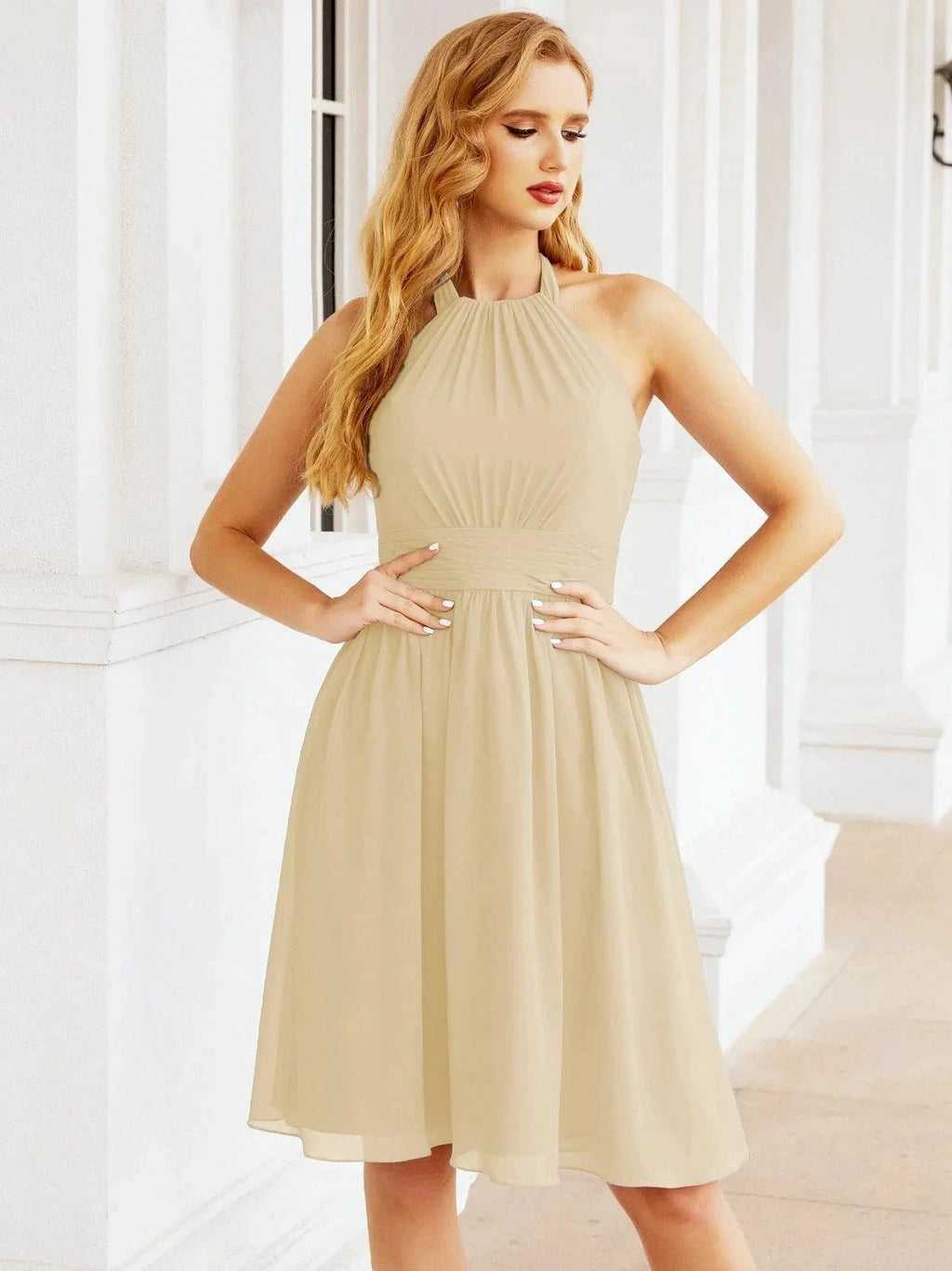 Numbersea Halter Chiffon Bridesmaid Dresses Short Sleeveless Formal Party Dress Open Back 28023 by numbersea