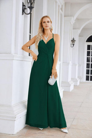 Ladies Chiffon Spaghetti Strap V Neck Front Slit Floor Length Bridesmaid Evening Dress Prom Party Wedding Evening Dress 28116