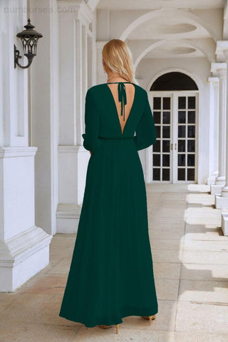 Ladies V Neck Chiffon Long Sleeve Front Slit Bridesmaid Evening Dress Wedding Party Shopping Evening Dress 28109