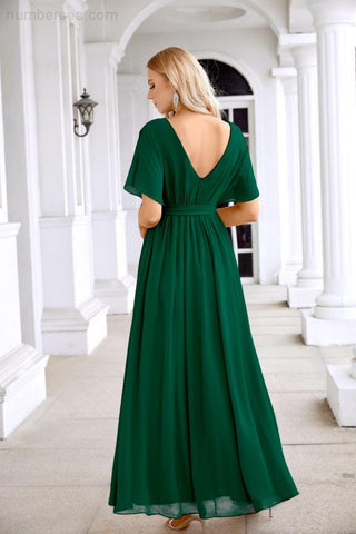 Ladies Chiffon Sleeve Crew Neck Front Slit Floor Length Bridesmaid Evening Dress Wedding Party Evening Dress 28124
