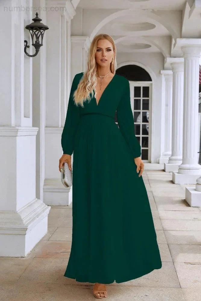 Ladies V Neck Chiffon Long Sleeve Front Slit Bridesmaid Evening Dress Wedding Party Shopping Evening Dress 28109 by numbersea
