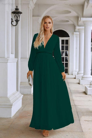 Ladies V Neck Chiffon Long Sleeve Front Slit Bridesmaid Evening Dress Wedding Party Shopping Evening Dress 28109