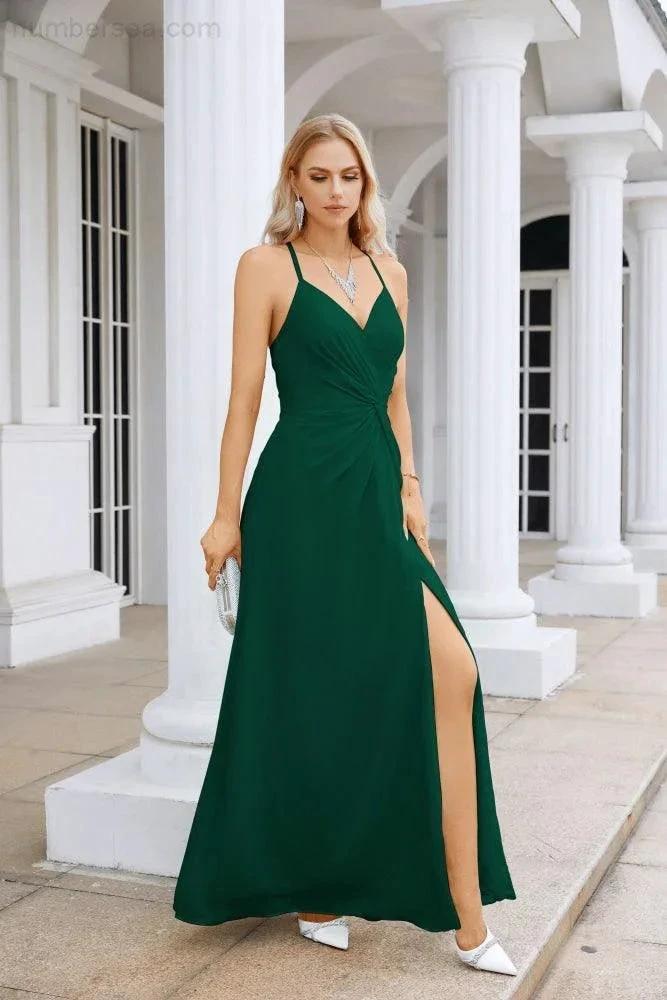 Ladies Chiffon Spaghetti Strap V Neck Front Slit Floor Length Bridesmaid Evening Dress Prom Party Wedding Evening Dress 28116 by numbersea