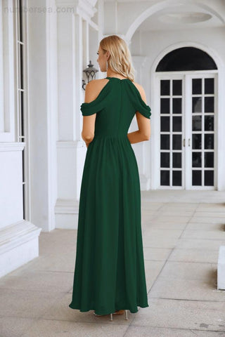 Ladies Chiffon Off Shoulder Swing Sleeve Front Slit Bridesmaid Evening Dress Wedding Party Evening Dress 28117