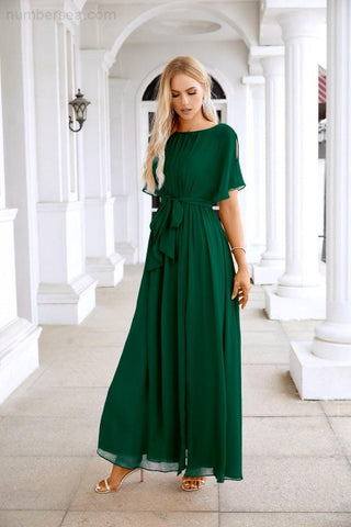 Ladies Chiffon Sleeve Crew Neck Front Slit Floor Length Bridesmaid Evening Dress Wedding Party Evening Dress 28124