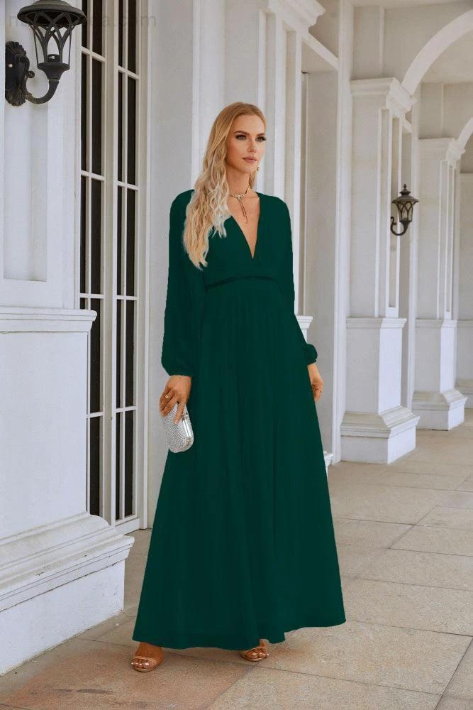 Ladies V Neck Chiffon Long Sleeve Front Slit Bridesmaid Evening Dress Wedding Party Shopping Evening Dress 28109 by numbersea